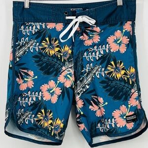 Ezekiel Men Board Surf Floral Blue Swim Shorts Size 32 Hibiscus EUC